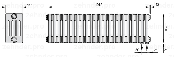 Схема (чертеж) Радиатор Zehnder Charleston 5019/22 №5510 Белый глянцевый RAL 9016